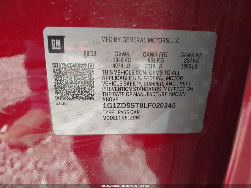 2020 Chevrolet Malibu Fwd Lt VIN: 1G1ZD5ST8LF020345 Lot: 45283465