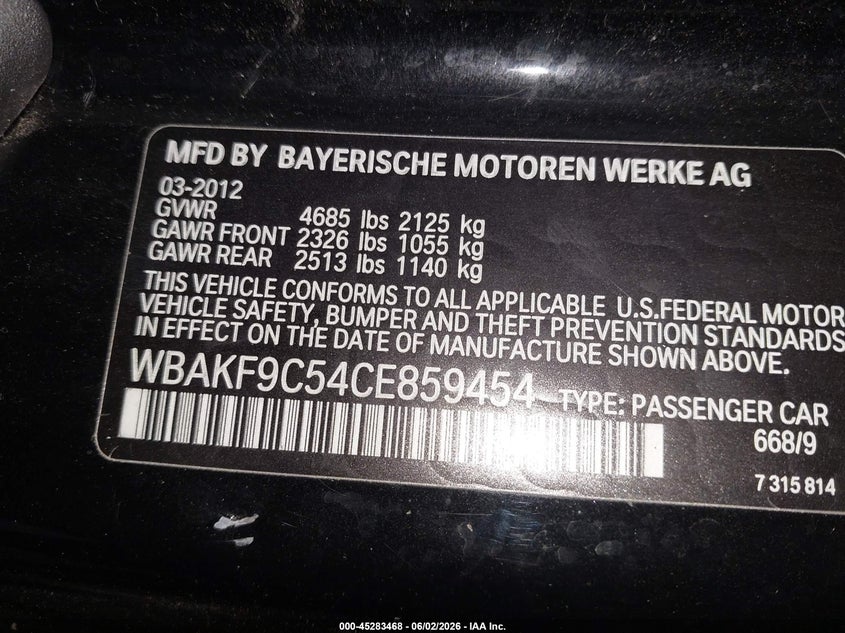 2012 BMW 335I xDrive VIN: WBAKF9C54CE859454 Lot: 45283468