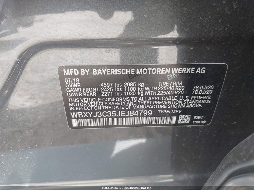 2018 BMW X2 Sdrive28I VIN: WBXYJ3C35JEJ84799 Lot: 45283485