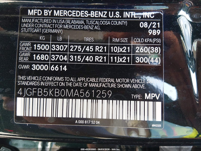 2021 Mercedes-Benz Gle 450 4Matic VIN: 4JGFB5KB0MA561259 Lot: 45283585
