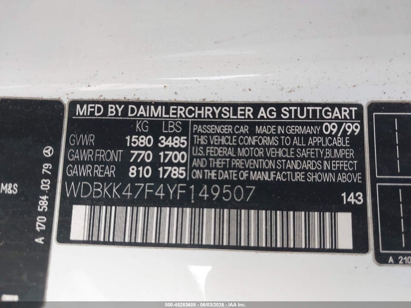 2000 Mercedes-Benz Slk 230 Kompressor VIN: WDBKK47F4YF149507 Lot: 45283608