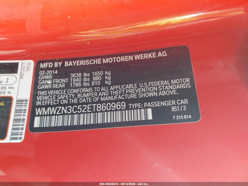 2014 Mini Convertible Cooper VIN: WMWZN3C52ET860969 Lot: 45283610