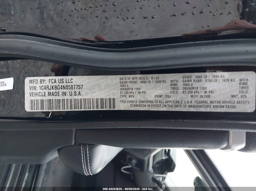 2022 JEEP GRAND CHEROKEE L 3.6L V-6 DOHC, VVT, (VIN: 1C4RJKBG4N8587757