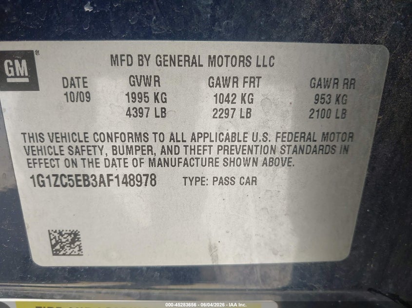 2010 Chevrolet Malibu Lt VIN: 1G1ZC5EB3AF148978 Lot: 45283656