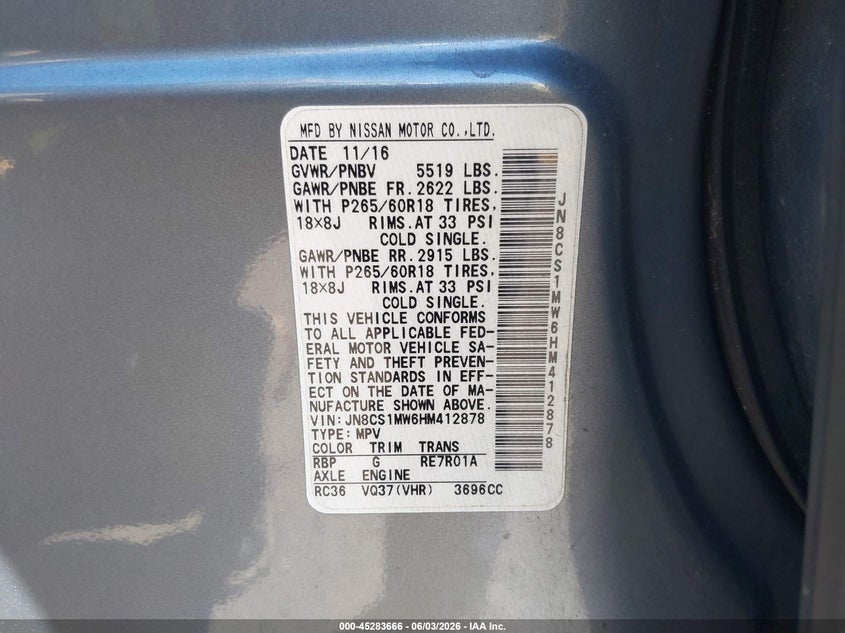 2017 Infiniti Qx70 VIN: JN8CS1MW6HM412878 Lot: 45283666