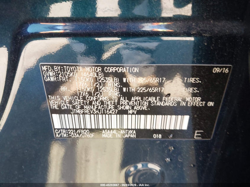 2017 Toyota Rav4 Le VIN: JTMBFREV3HJ116427 Lot: 45283667