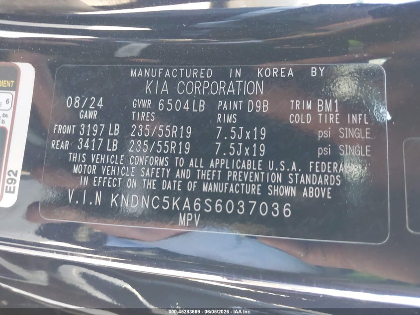 2025 KIA CARNIVAL MPV HYBRID 1.6L I-4 DI, DOHC, V(VIN: KNDNC5KA6S6037036