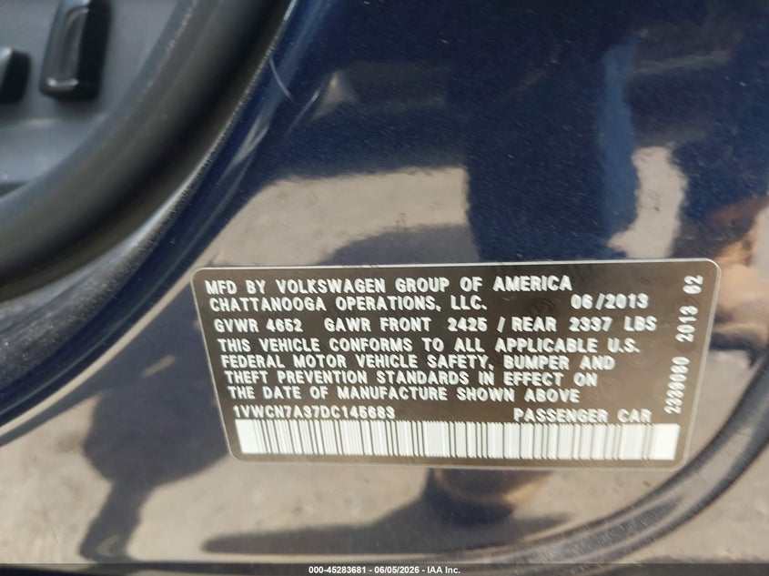 2013 Volkswagen Passat 2.0 2.0L Tdi Sel Premium blue Lot 111045283681 Vin 1VWCN7A37DC145683