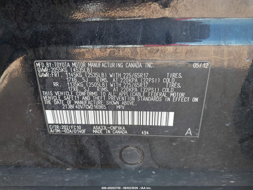 2012 Toyota Rav 4 2.5 Rav4 black Lot 111045283755 Vin 2T3BF4DV7CW216965