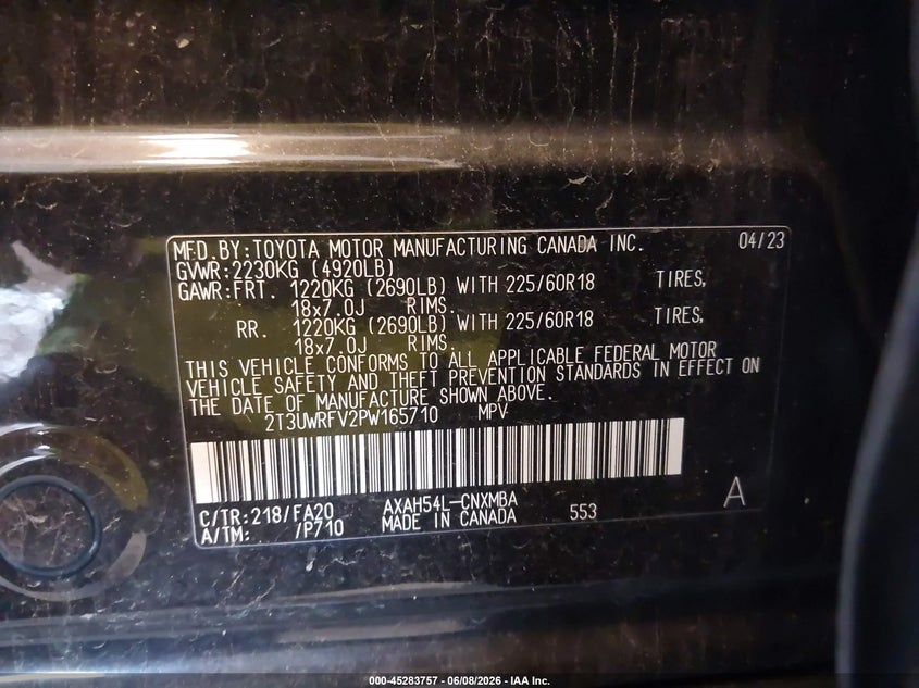 2023 TOYOTA RAV4 HYBRID 2.5L I-4 DI, DOHC, V(VIN: 2T3UWRFV2PW165710