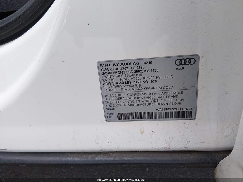 2016 Audi Q3 2.0T Premium Plus VIN: WA1BFCFS2GR018775 Lot: 45283756