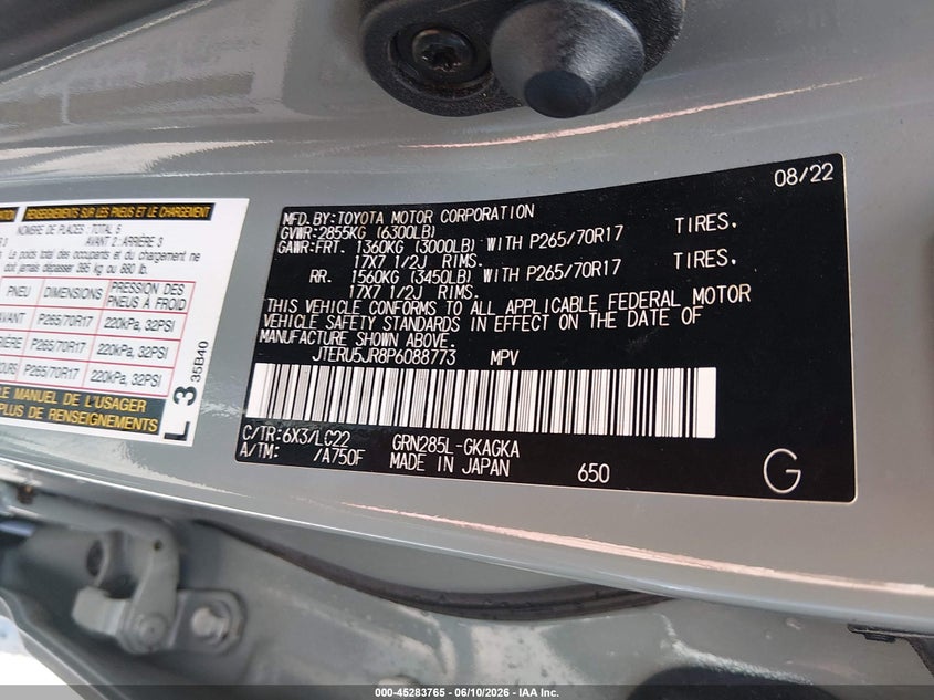 2023 TOYOTA 4RUNNER 4.0L V-6 DOHC, VVT, (VIN: JTERU5JR8P6088773