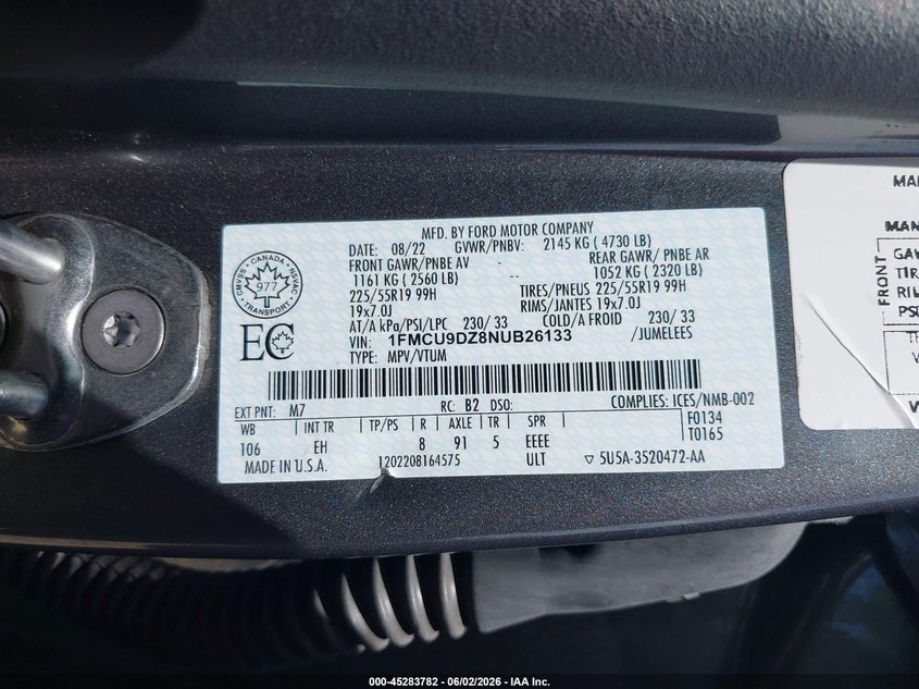 2022 Ford Escape Titanium Hybrid VIN: 1FMCU9DZ8NUB26133 Lot: 45283782