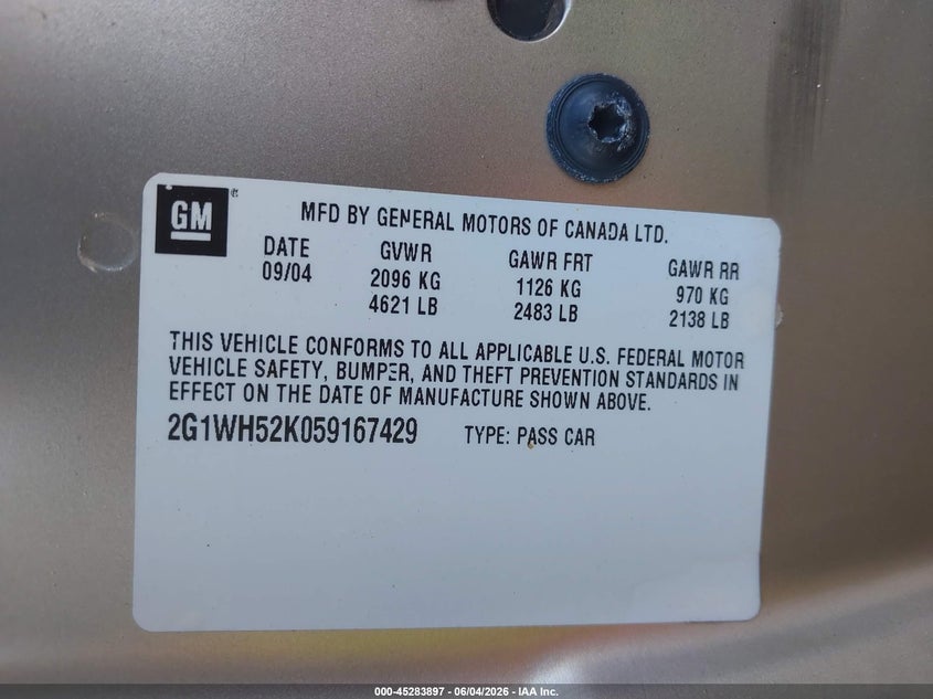 2005 Chevrolet Impala Ls VIN: 2G1WH52K059167429 Lot: 45283897