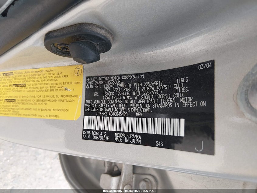 2004 Toyota Highlander Limited V6 VIN: JTEEP21A040045428 Lot: 45283907