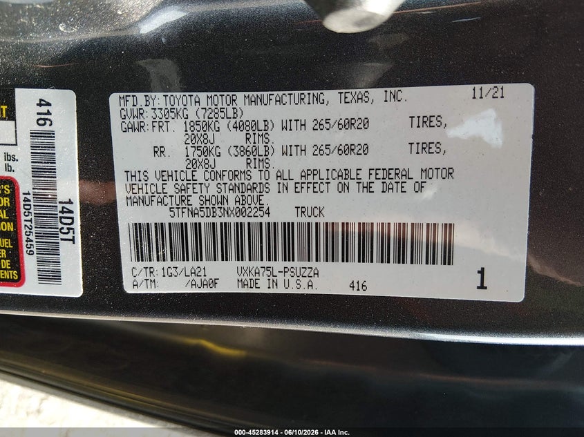 TOYOTA TUNDRA 2022 VIN 5TFNA5DB3NX002254