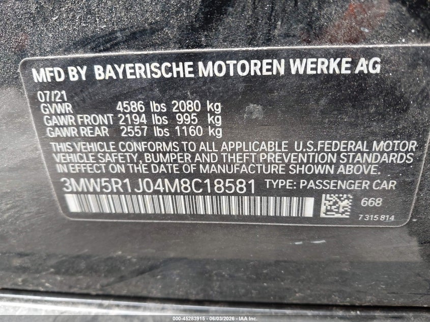 2021 BMW 330I VIN: 3MW5R1J04M8C18581 Lot: 45283915