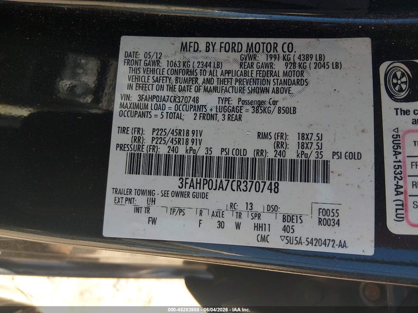 2012 Ford Fusion Sel VIN: 3FAHP0JA7CR370748 Lot: 45283958