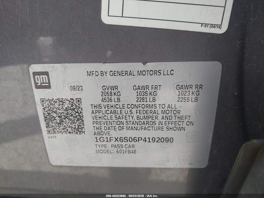 2023 Chevrolet Bolt Ev Fwd 2Lt VIN: 1G1FX6S06P4192090 Lot: 45283966