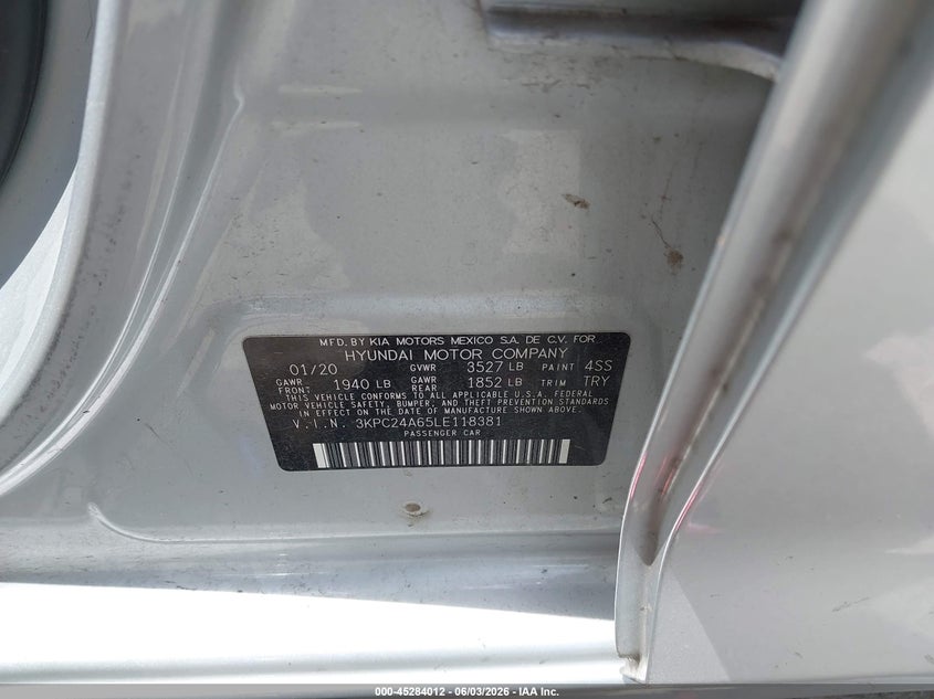 2020 Hyundai Accent Se VIN: 3KPC24A65LE118381 Lot: 45284012