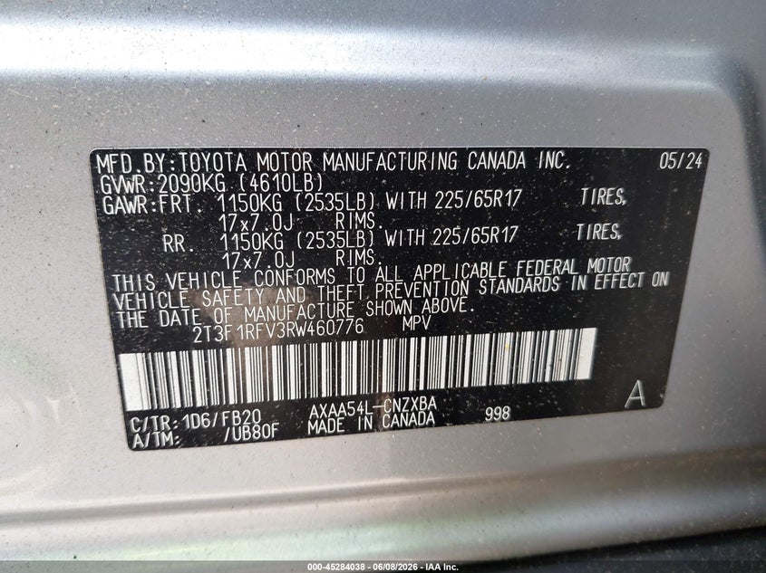 2024 TOYOTA RAV4 2.5L I-4 DI, DOHC, V(VIN: 2T3F1RFV3RW460776