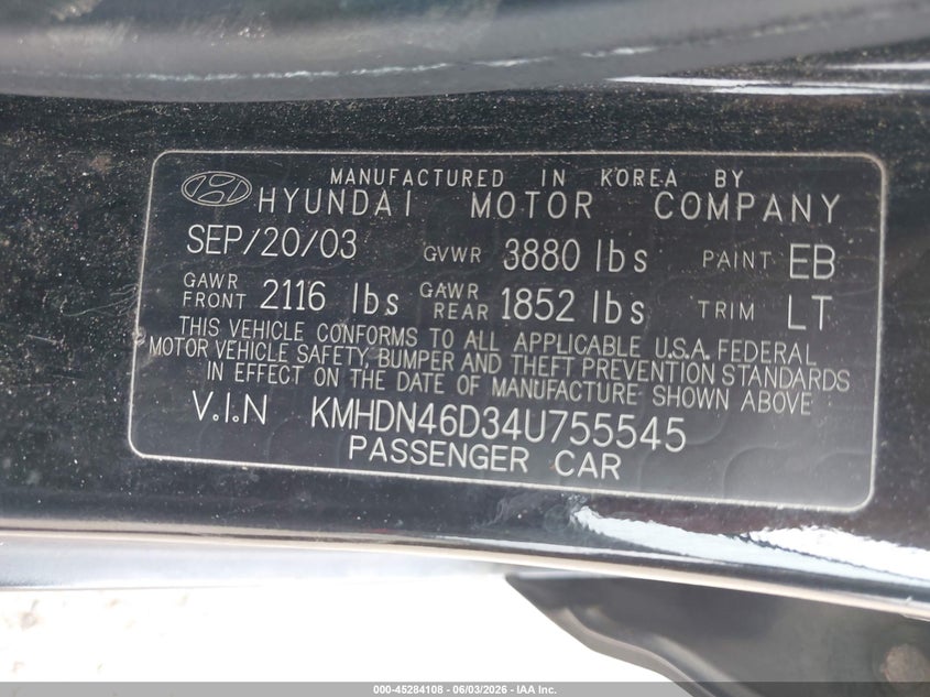 2004 Hyundai Elantra Gls/Gt VIN: KMHDN46D34U755545 Lot: 45284108