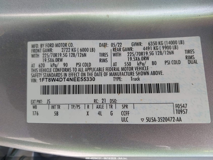 2022 Ford F-450 Lariat VIN: 1FT8W4DT4NEE55330 Lot: 45284131