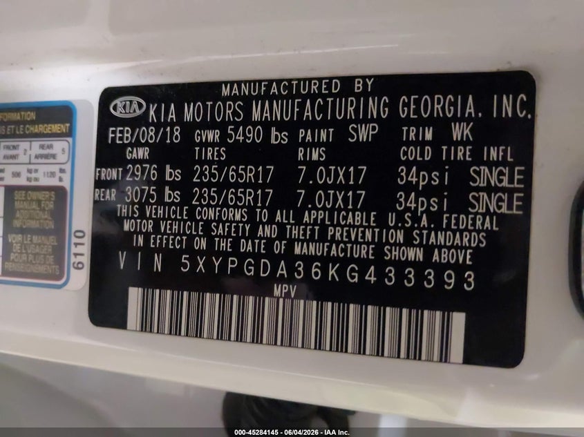 2019 Kia Sorento 2.4L Lx VIN: 5XYPGDA36KG433393 Lot: 45284145