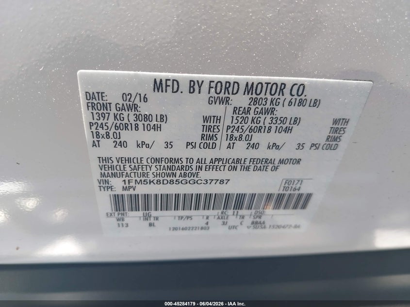 2016 Ford Explorer Xlt VIN: 1FM5K8D85GGC37787 Lot: 45284179