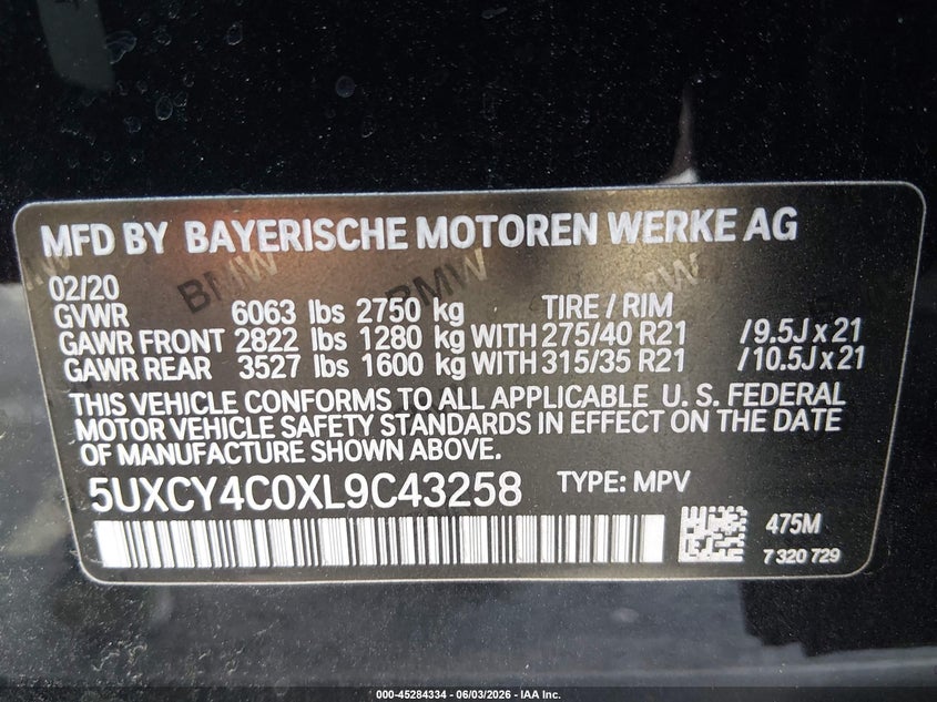 2020 BMW X6 Sdrive40I VIN: 5UXCY4C0XL9C43258 Lot: 45284334