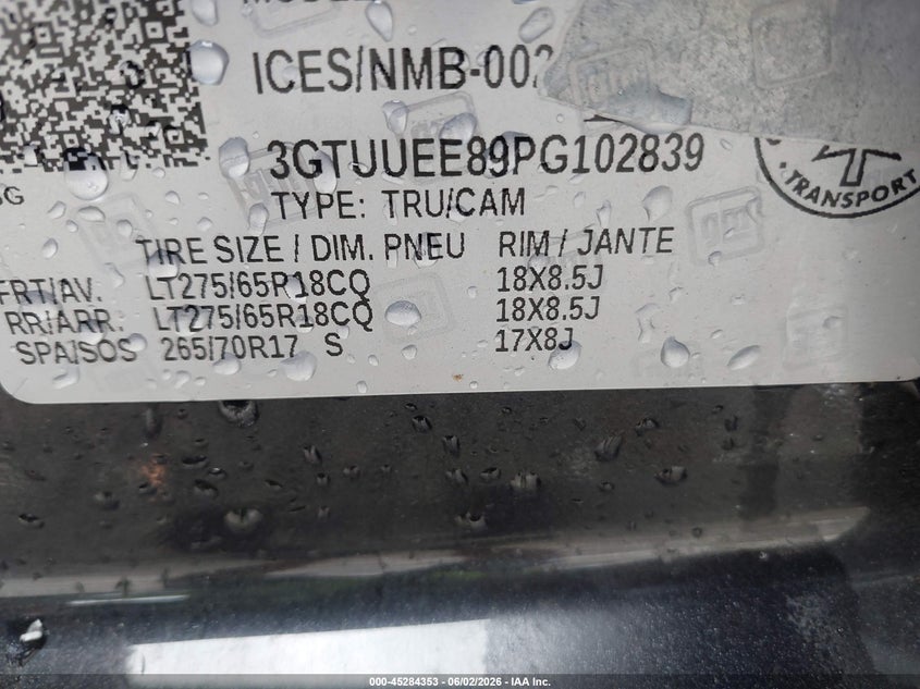 2023 GMC Sierra 1500 At4 VIN: 3GTUUEE89PG102839 Lot: 45284353