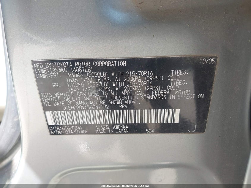 2005 TOYOTA RAV 4 SPORT UTILITY VEHICLE 2.4L I-4 DOHC, VVT, 161HP