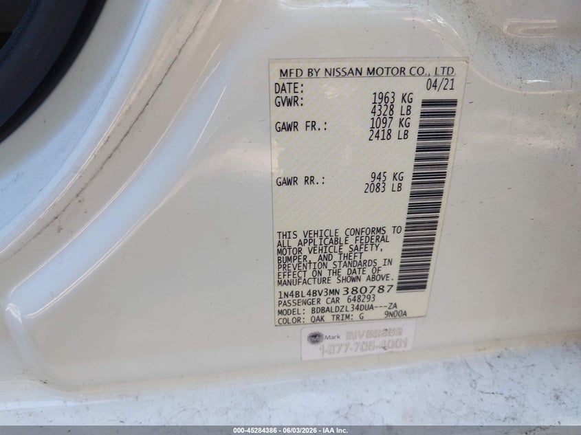 2021 Nissan Altima S Fwd VIN: 1N4BL4BV3MN380787 Lot: 45284386