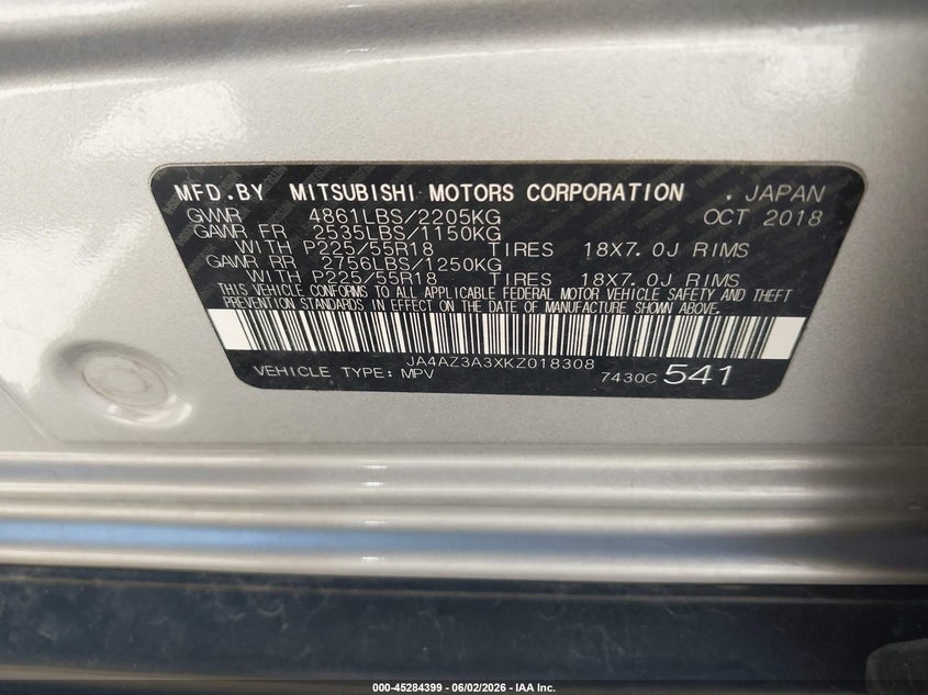 2019 Mitsubishi Outlander Se VIN: JA4AZ3A3XKZ018308 Lot: 45284399