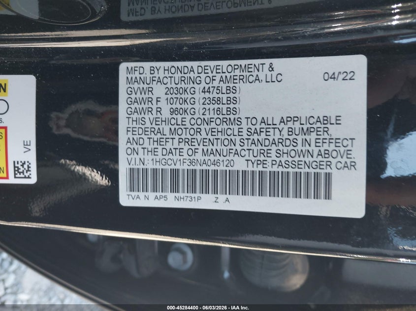 2022 Honda Accord Sport VIN: 1HGCV1F36NA046120 Lot: 45284400