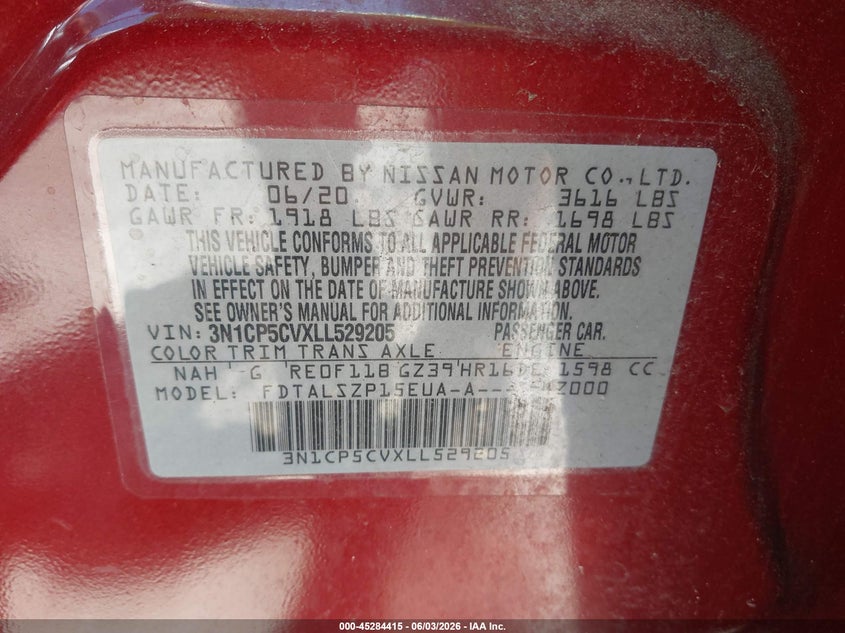 2020 Nissan Kicks Sv Xtronic Cvt VIN: 3N1CP5CVXLL529205 Lot: 45284415