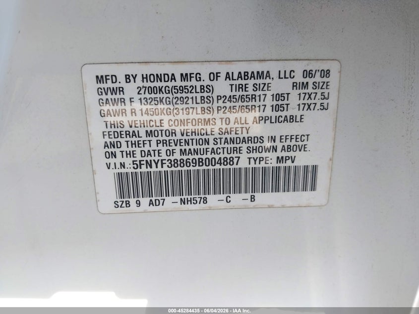 2009 Honda Pilot Touring VIN: 5FNYF38869B004887 Lot: 45284435
