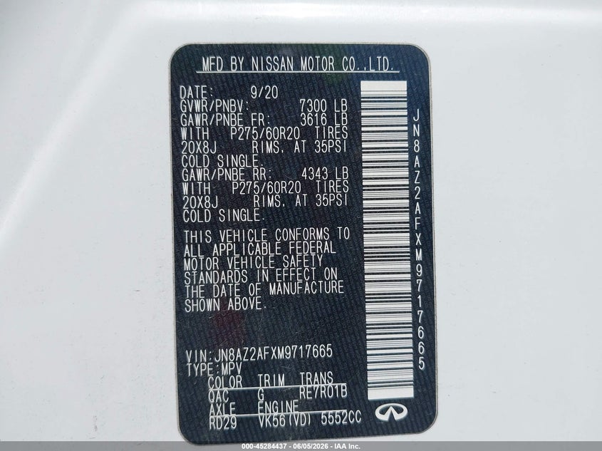 2021 INFINITI QX80 5.6L V-8 DI, DOHC, V(VIN: JN8AZ2AFXM9717665
