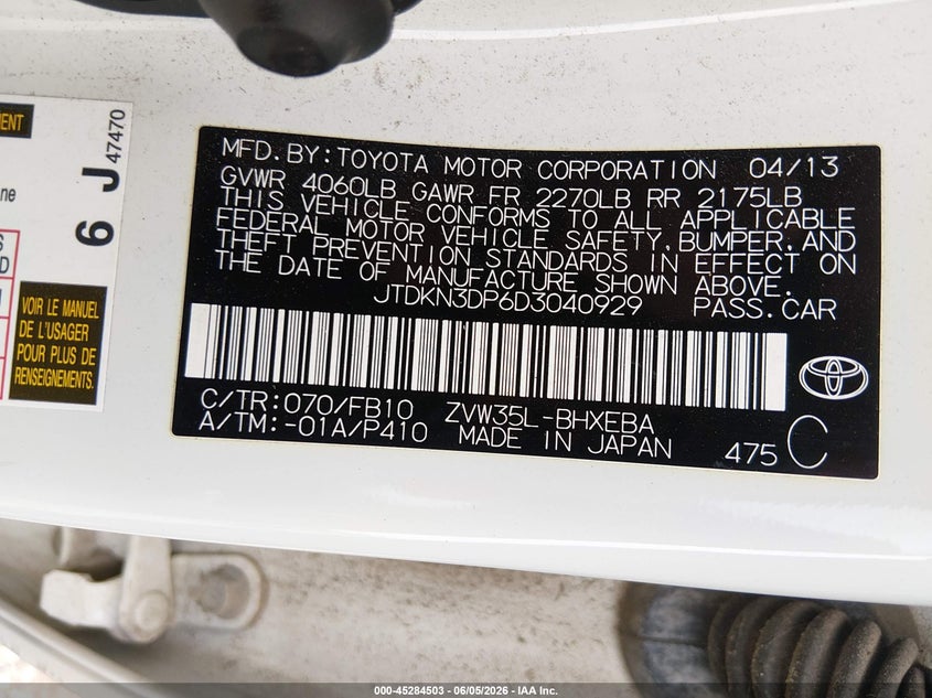 2013 Toyota Prius Plug-In VIN: JTDKN3DP6D3040929 Lot: 45284503