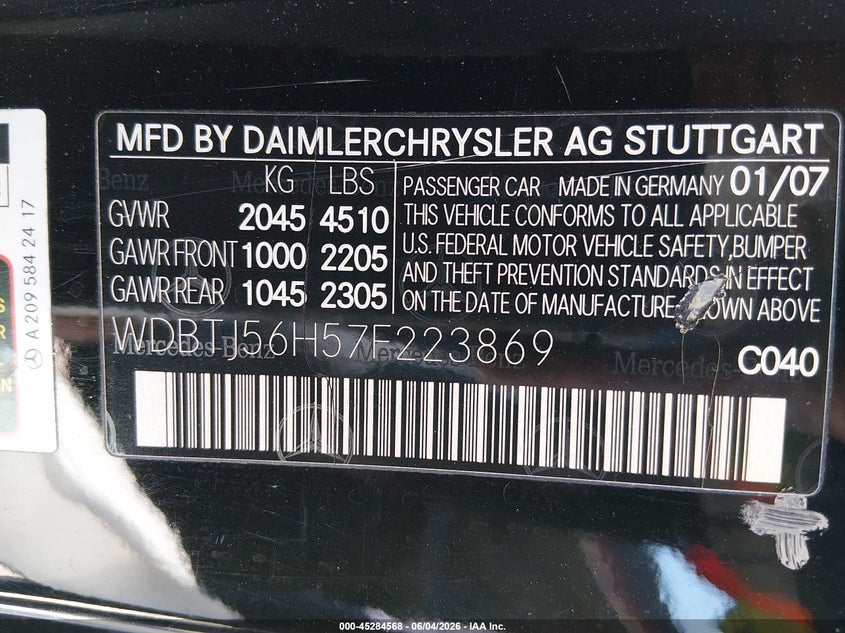 2007 Mercedes-Benz Clk 350 VIN: WDBTJ56H57F223869 Lot: 45284568