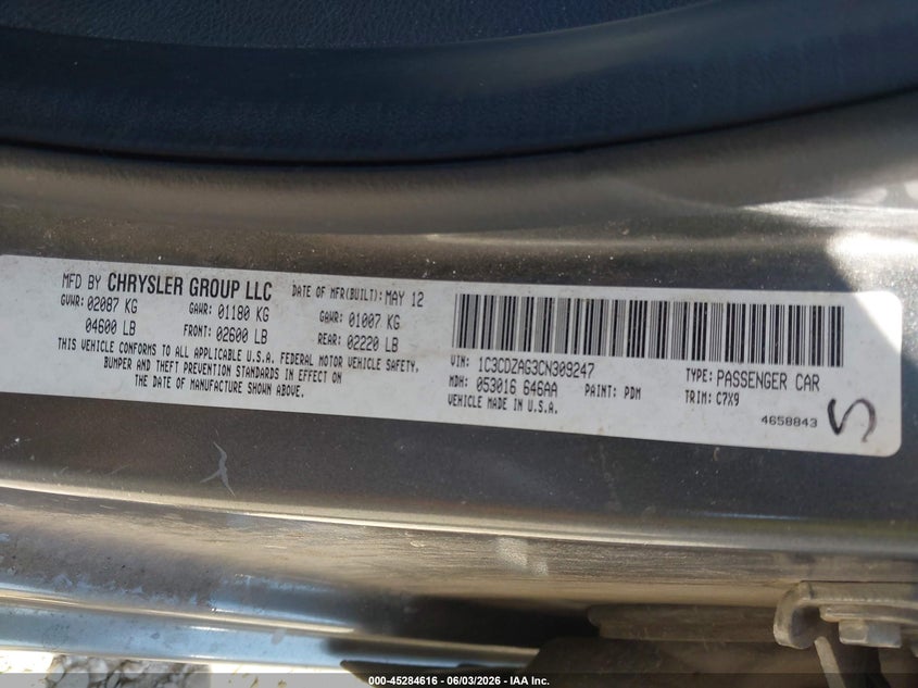 2012 Dodge Avenger Se VIN: 1C3CDZAG3CN309247 Lot: 45284616