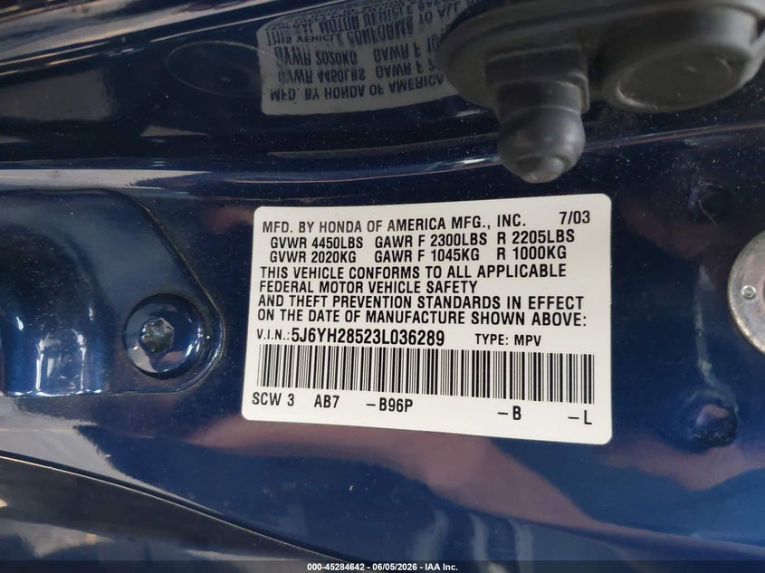 2003 Honda Element Ex VIN: 5J6YH28523L036289 Lot: 45284642