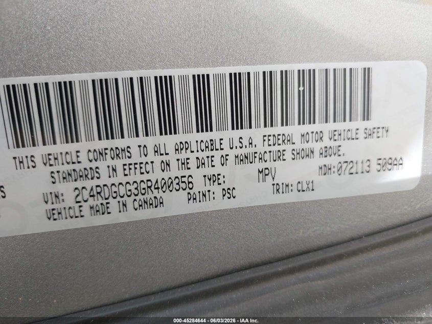 2016 Dodge Grand Caravan Sxt VIN: 2C4RDGCG3GR400356 Lot: 45284644