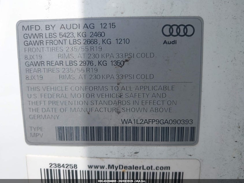 2016 Audi Q5 2.0T Premium VIN: WA1L2AFP9GA090393 Lot: 45284653
