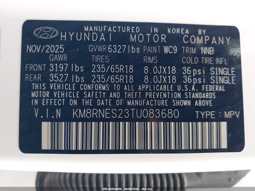 2026 HYUNDAI PALISADE 3.5L V-6 DI, DOHC, V(VIN: KM8RNES23TU083680