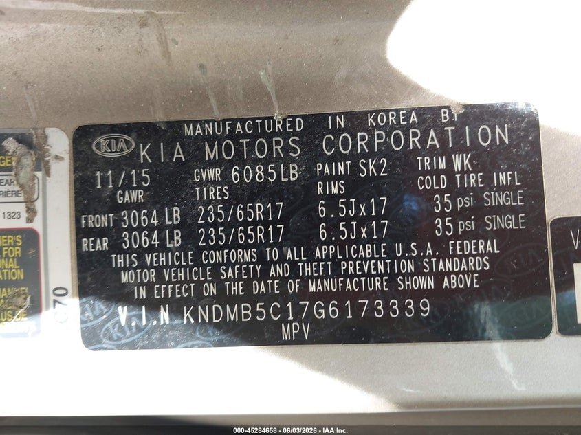 2016 Kia Sedona Lx VIN: KNDMB5C17G6173339 Lot: 45284658