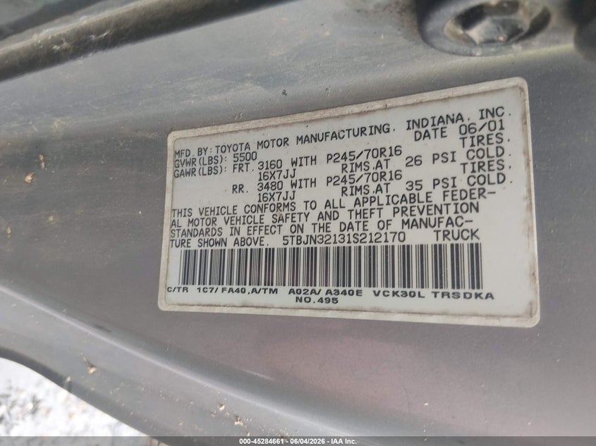 2001 Toyota Tundra VIN: 5TBJN32131S212170 Lot: 45284661