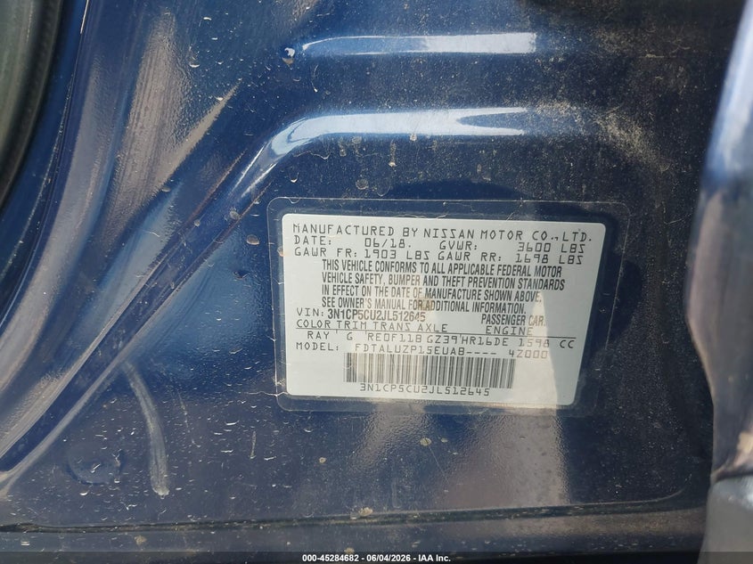 2018 Nissan Kicks Sr VIN: 3N1CP5CU2JL512645 Lot: 45284682