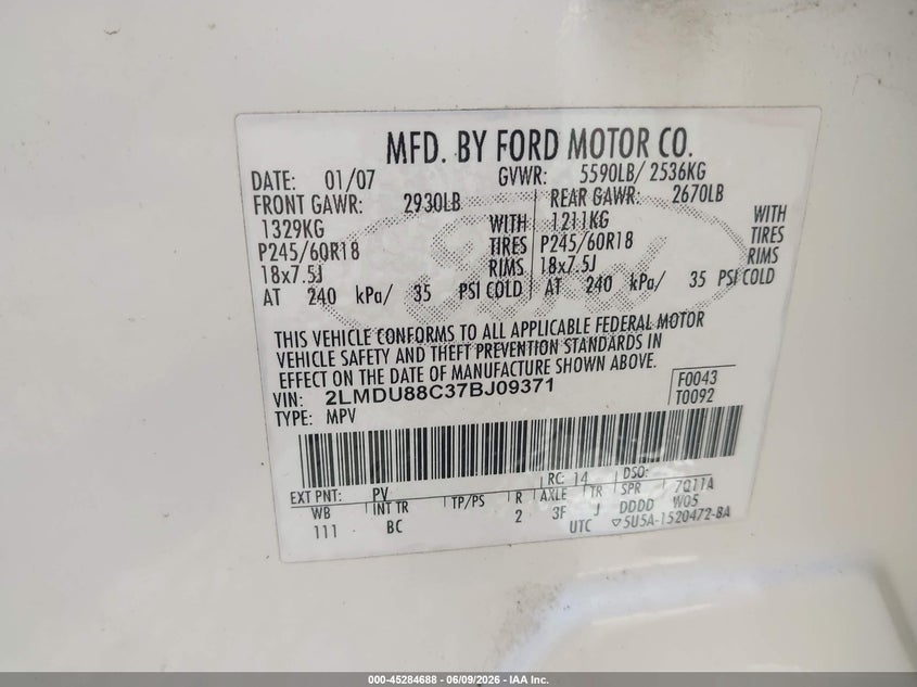 2007 Lincoln Mkx VIN: 2LMDU88C37BJ09371 Lot: 45284688