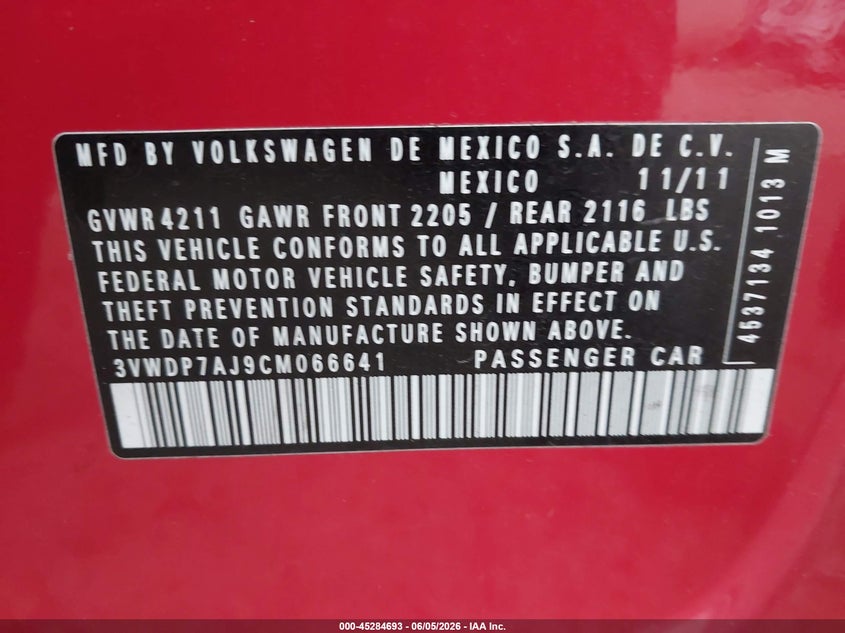 2012 Volkswagen Jetta 2.5L Se VIN: 3VWDP7AJ9CM066641 Lot: 45284693